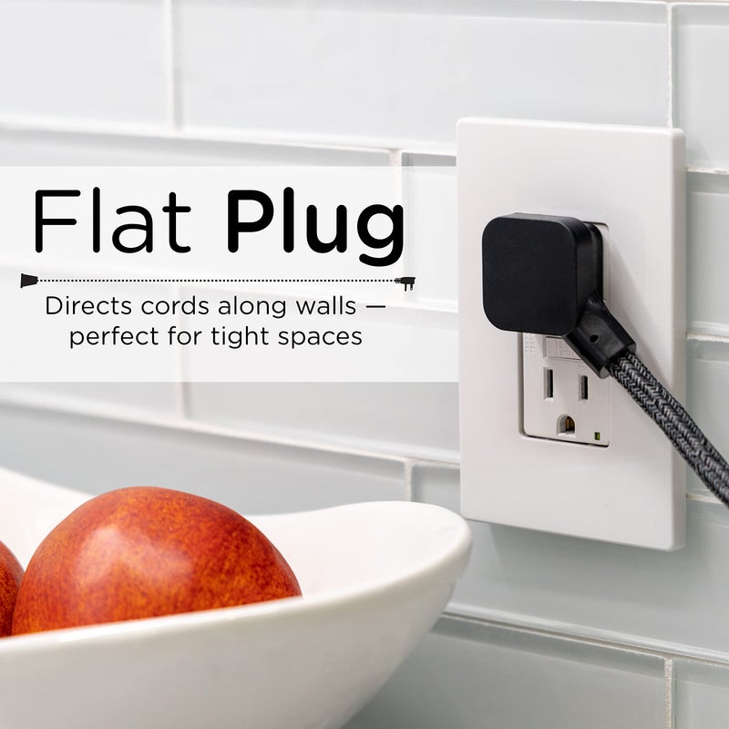 Cordinate Designer Mini 3-Outlet Power Strip, 18 in Braided Extension Cord, Grounded Adapter, Low-Profile Flat Plug, ETL Listed, Black/Dark Heather, 47298 - Image 3